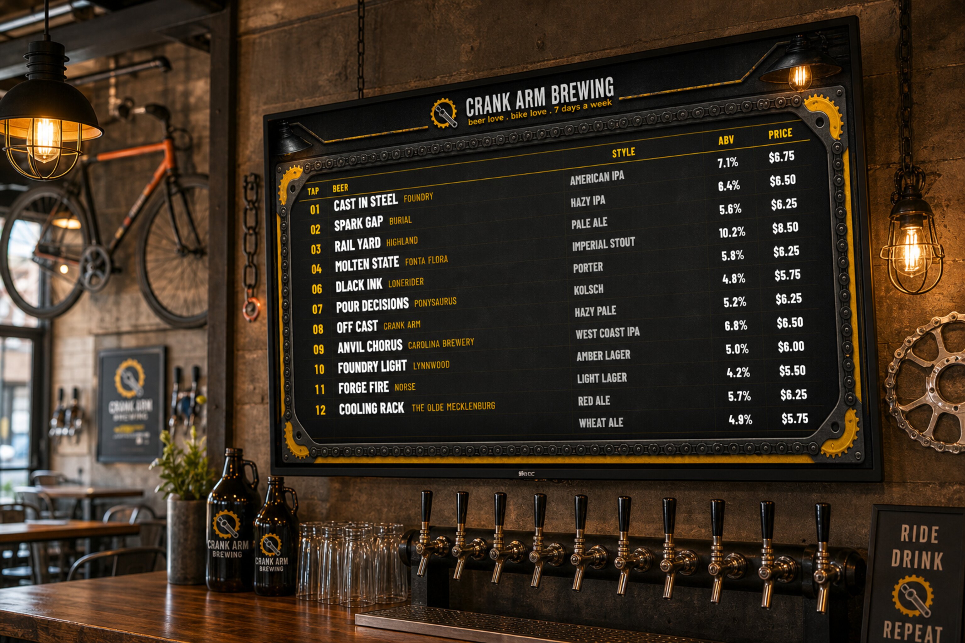 Crank Arm Brewing digital beer menu shown on a TV in a generated taproom mockup