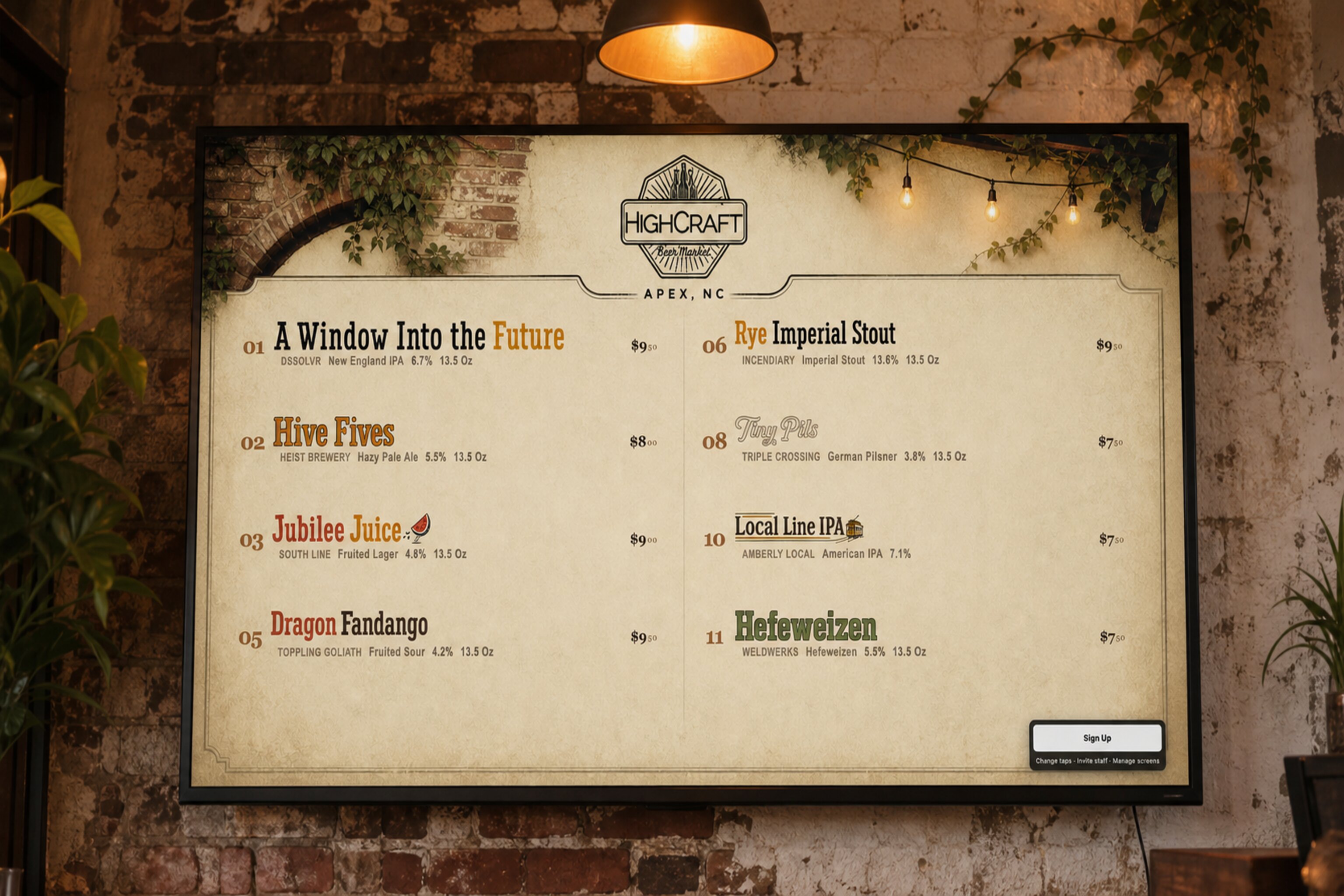 HighCraft digital beer menu shown on a TV in a generated taproom mockup