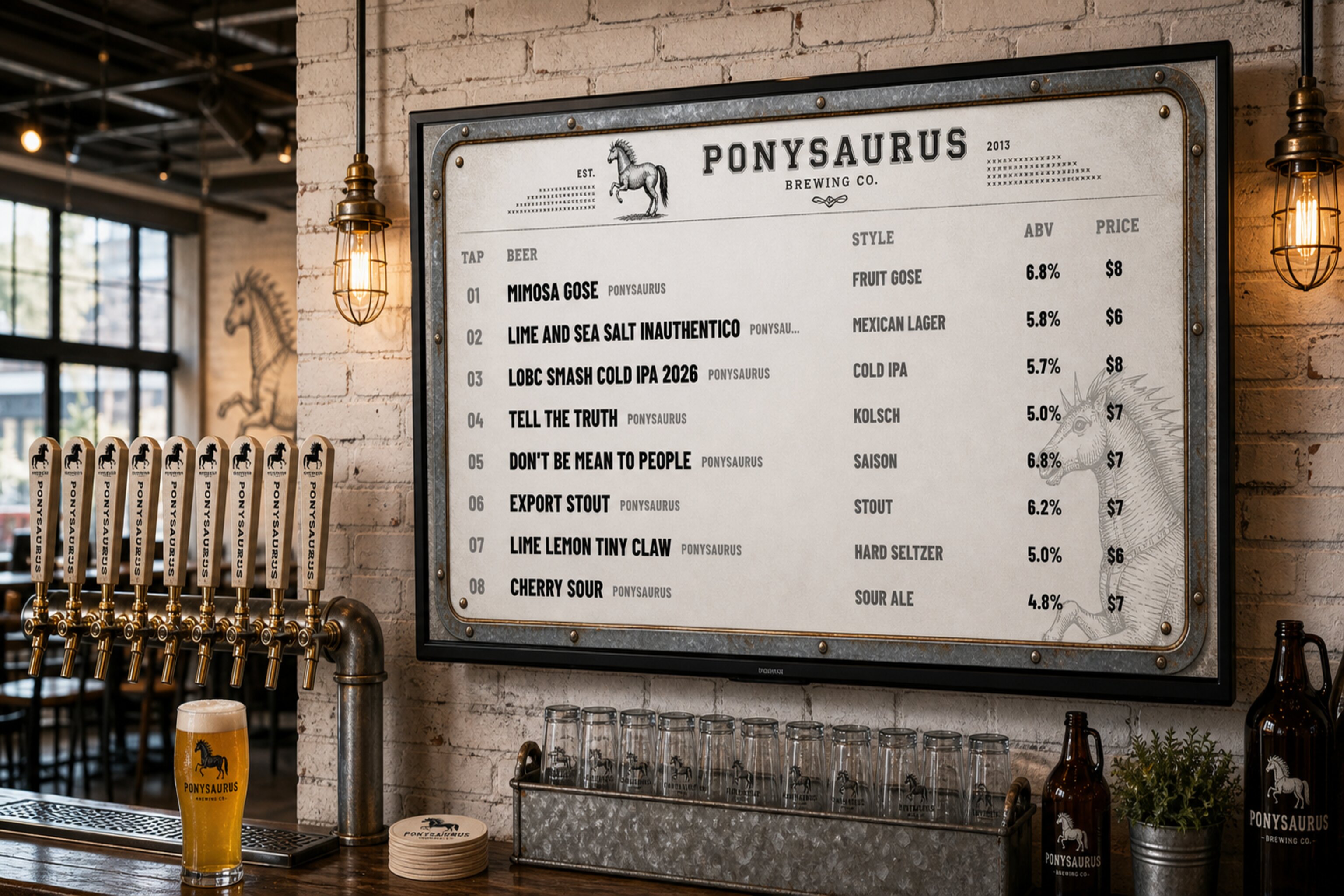 Ponysaurus digital beer menu shown on a TV in a generated taproom mockup