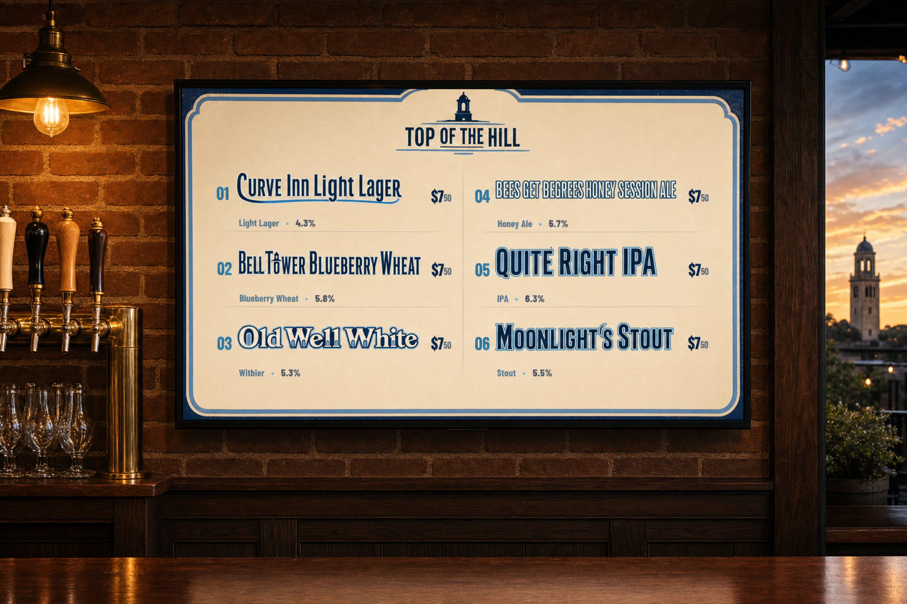 Top of the Hill digital beer menu shown on a TV in a generated bar mockup